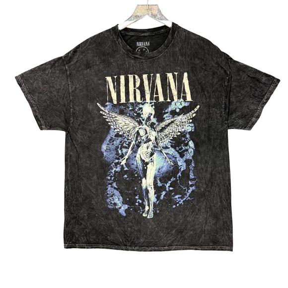 Nirvana Band Tee Mens‎ XL Grey Acid Wash Graphic T-Shirt Angel Retro 90s NWOT - Picture 1 of 8
